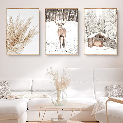 Trayosin 3er Poster Set Moderne Winter Schneelandschaft Wandbilder Bilder,Boho Bilder Set für Wohnzimmer Schlafzimmer Büro Flur Wanddeko Kunst,Ohne Rahmen (30x40cm)