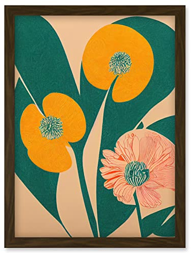 Wee Blue Coo California Poppy Flower Blooms Turquoise Leaves Bright Artwork Framed Wall Art Print A4