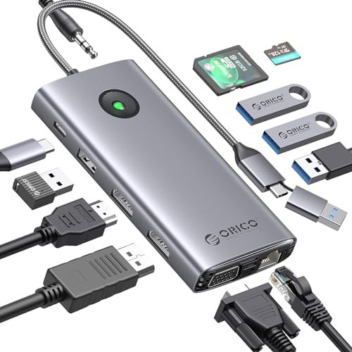 ORICO 12-in-1 Docking Station, Triple Display mit 2 HDMI 2K & VGA 1080P, Displaylink für MacBook M1/M2, 3 USB-A 3.0 Ports für 5 Gbps, USB-C PD, Ethernet, SD/TF, Audio, für Windows/Linux, Gray