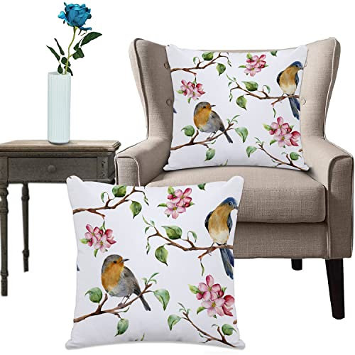 Kissenhülle Super Weich Home Decoration,Heimdekoration,Rotkehlchen-Vögel auf Baumast-Frühlingsblumen-Blättern,Pillowcase Sofakissen für Wohnzimmer Sofa Bed