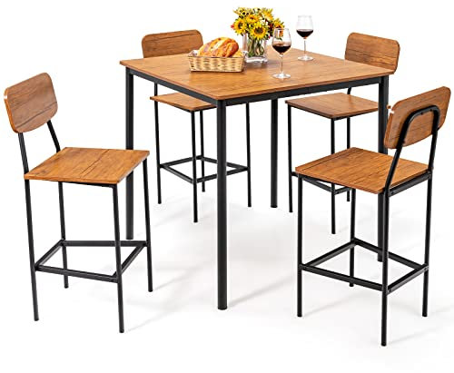 COSTWAY Table à Manger avec 4 Chaises, Mange Debout avec Tabourets pour 4 Personnes, Ensemble Table et 4 Chaises pour Cuisine, Bistro, Salon, Bar, Noyer+Noir