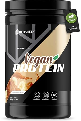 NEOSUPPS Vegan Protein Pulver - Banana Caramel, 600g I Hochwertiges veganes Proteinpulver aus Erbsenprotein, Reisprotein & Kürbiskernprotein I Angereichert mit Vitamin B12 & zuckerarm…