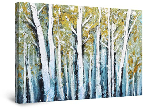 Startonight Impression sur Toile Lumineux - Artiste d'arbres Bleus Jaunes Abstraits - Grande Tableau Decoration Murale Prêt à Accrocher Peinture Arbres Moderne Grande 80 x 120 cm Idée Cadeau