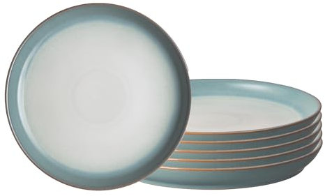 Denby - Azure Haze Coupe Dinner Plates Set of 6-10.25 Inch - Dishwasher Microwave Oven Safe - Reactive Blue Teal Glaze Large Ceramic Stoneware Plates - Scratch Chip Resistant