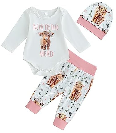 Geogenry Strampler für Neugeborene, Jungen, Mädchen, Highland-Kuh-Druck, Strampler + Hose mit Hut, 3-teiliges Western-Outfit