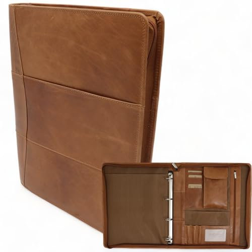 Dokumentmappe - Unterlagenmappe - Schreibmappe a4 Leder Linkshänder - Schreibmappe College A4 - Konfererenzmappe a4 Linkshänderfreundlicher - Reißverschluss, Ledermappe a4 (Cognac)