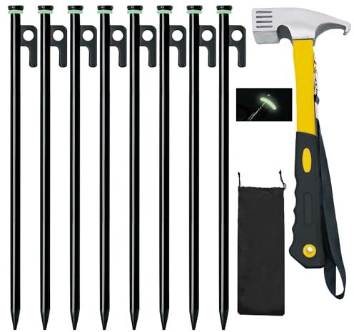 Zeltheringe mit Hammer, 40,6 cm robuste Zeltheringe + 30,5 cm Campinghammer + Aufbewahrungstasche, geschmiedete Stahlpfähle für Camping auf Felsen (8 Stück 40,6 cm Heringe und Hammer)