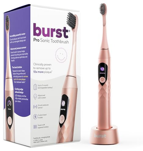 Burst Pro Sonic Advanced Electric Toothbrush for Adults (Rose Gold) | Soft Bristles | 33,000 Vibrations | Long-Lasting Battery and Multiple Brushing Modes