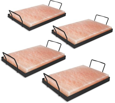 Cecaylie 4X Salzstein zum Grillen XXL, 20x30x3cm Salz Grillsteine Mit Eisenplatte, Wiederverwendbar Salzgrillstein, Original Kristallsalz, Salzplatte zum Grillen für BBQ