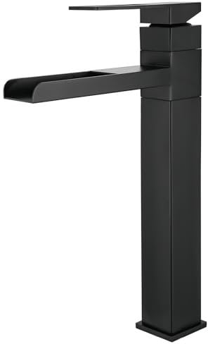 SHANFO Robinet Lavabo Haut, Robinet Salle Bain Cascade, Mitigeur Lavabo Rotatif 360°, Mitigeur pour Vasque, Réglable Chaud et Froid, Noir, 6M3OK-T