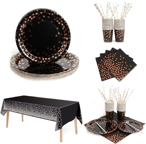 MIZAZBOX 25 Guests Black and Rose Gold Party Decoration Supplies, Disposable Party Tableware Plates Cups Napkins Straws Table Cloth Dinnerware Set for Weddings, Birthday Parties, Graduations