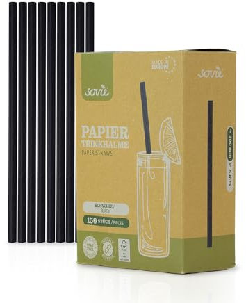 Sovie Strohhalme Papier Schwarz - Trinkhalme Plastikfrei, FSC-zertifiziert, Made in EU, Biologisch Abbaubar, im Karton - Ø8mm - 20cm Länge - 150 Stück