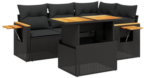 vidaXL Garten Sofagarnitur mit Kissen 5-TLG., Gartenmöbel Gartengarnitur, Sitzgruppe Sitzgarnitur, Lounge Sofa Garnitur Terrasse, Schwarz Poly Rattan