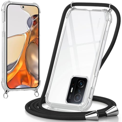 Oelrstfe handyband Hülle mit Band für Xiaomi 11T/Xiaomi 11T Pro 5G, Handyband zum Umhängen Handy Umhängeband Transparent TPU Stoßfest Silikon Handyhülle mit Kette für Xiaomi 11T 5G, Schwarz