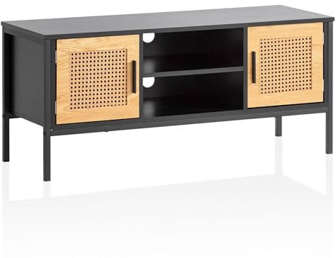 FineBuy Lowboard Schwarz/Eiche mit Wiener Geflecht 110x48x40 cm TV-Kommode Zeitlos, Design TV-Schrank Hoch, Fernsehtisch Fernsehschrank mit Türen, Fernsehkommode Wohnzimmer Rattan