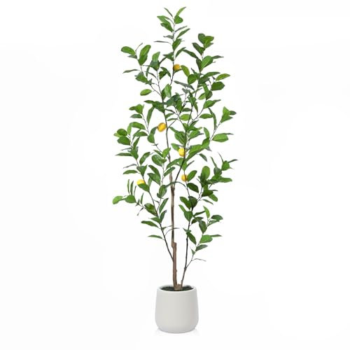 Fopamtri Zitronenbaum Künstlich 180 cm Kunstpflanzen Groß Zitronenbaum mit Lebensechten Früchten im Weiß Topf, Künstliche Pflanzen wie echt für Moderne Dekoration (1 Stück)