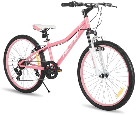HILAND 24 Inch Kids Mountain Bike, 7 Speed Youth MTB Bicycle, Mountain Bicycle for Boys Girls, Suspension Fork V-brakes, Black/Blue/Mint Green/Pink