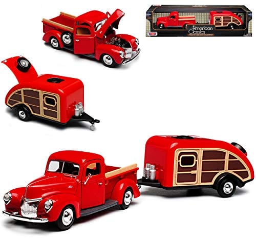 Motormax Ford 1940 Pickup Rot mit Wohnwagen Anhänger Rot 1/24 Modell Auto mit individiuellem Wunschkennzeichen