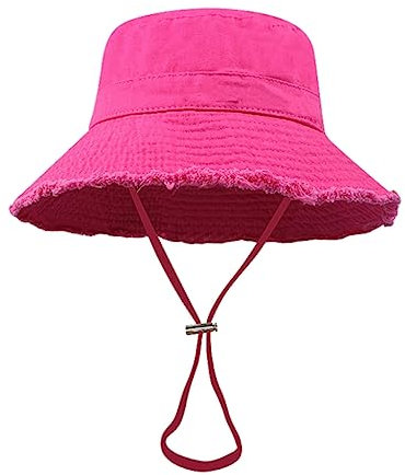 THINCAN Chapeau bob d'extérieur avec mentonnière réglable et bords effilochés - Chapeau de pêcheur d'été résistant au soleil pour adulte, rose rouge, S/L