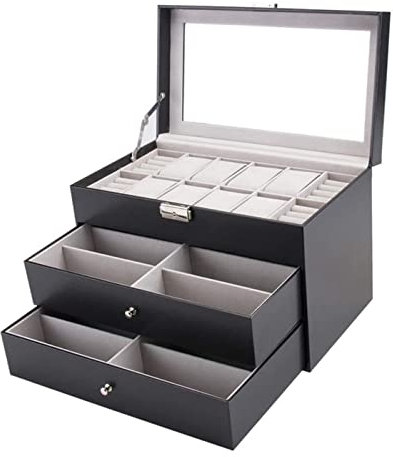 PIPONS Uhrenbox Uhren-Display-Aufbewahrungs-Organizer, Transparente Oberseite, Schwarzes PU-Leder, 3 Schichten, Brillenbox, Uhrenhalter, Ringetui Display-Organizer
