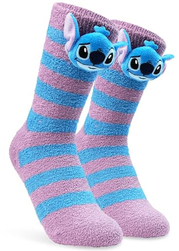Disney Stitch Chaussettes Chaussons Femme Ado Angel EU 35-41, Polaire Détail 3D, Chaussettes Antidérapantes, Idée Cadeau (Bleu/Rose Stitch)