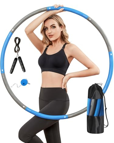 Phobby Weighted Exercise Hoop for Adults, 1.0 kg Detachable Fitness Hoop, Adjustable Hoop with Jump Rope, Tape Measure and Carry Bag, Home Gym Workout (Blue)