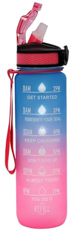 Lacers Petrolline Trinkflasche 1000ml mit Strohhalm & Zeitmarkierung – auslaufsichere Sporttrinkflasche Fitness, Yoga, Schule & Büro – Wasserflasche für Reisen, Wandern & Camping