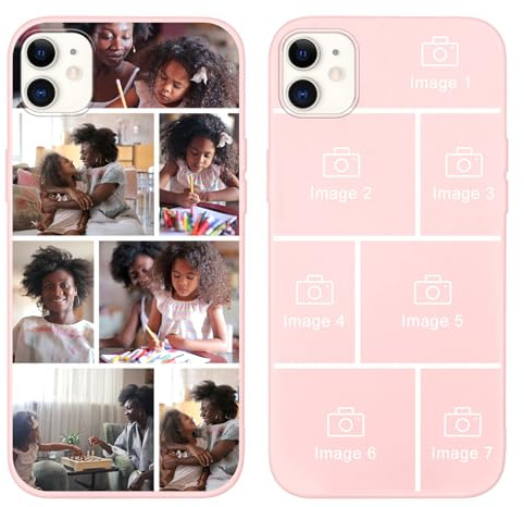 Yoedge Personalised Phone Case for iPhone 12/iPhone 12 Pro 6.1 inch, Custom Photo Design Flexible Soft Silicone Customized Rubber Shockproof Cover, Personalize with 7 Image Collage for Girls, Pink
