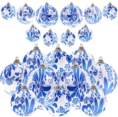 Gresorth 10 Stück Blau und Weiß Weihnachten Kugel Hängend Verzierung Handgefertigt Stoff Christbaumkugel Dekoration Bruchsicher Chinoiserie Sphäre Anzeigen für Hochzeit Partei