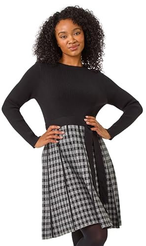 Roman Originals Ribbed Jumper Dress for Women UK with Contrast Panelled Skirt Ladies Everyday Autumn Winter High Neckline Comfy Soft Evening Vacation Work Party Night Out - Petite Grey - Size 18