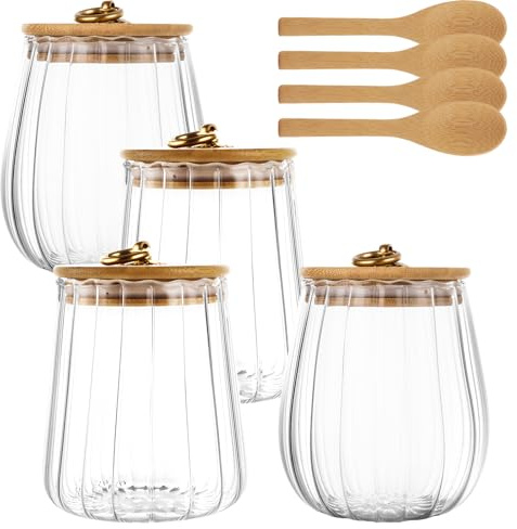 Oungy 4 Stück Aufbewahrungsgläser mit Deckel, 650ml Vorratsglas mit Deckel, Vorratsgläser mit Holzdeckel und Löffel Aufbewahrungsglas mit Löffel für Kaffeebohnen Pasta SüßIgkeiten Teebeutel Cornflakes