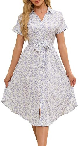 Jiraewh Damen Blumen Sommerkleid Knopf Kurzarm V-Ausschnitt Lose Knielang Kleid High Waist Midi-Hemdkleid Strandkleider Polka Dots Knopfkleid (3038-PL M)