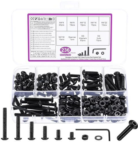 236 Pz M4 Set di Viti Bulloni e Dadi, M3 Bulloni a Testa Esagonale Tonda, Bullone Viti a Testa Brugola e Dadi e Rondella Set(Nero)