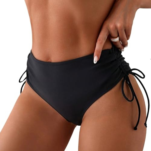 Risipu Damen Bikinihose Sexy Bademode Slips Seitlicher Kordelzug Bikinis Badeanzug Hohe Taille Schwimmhose (XL, Schwarz)