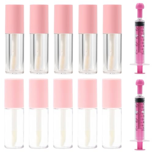 5 1.2ML Lip Gloss Tubes,5 3ML Mini Refillable Lip Balm Bottles,Empty Lip Gloss Tube,with 2 5ML Syringes,Unique Leak-Proof Design,Small and Easy to Carry,Suitable for DIY Lip Gloss,Lipstick (Pink)