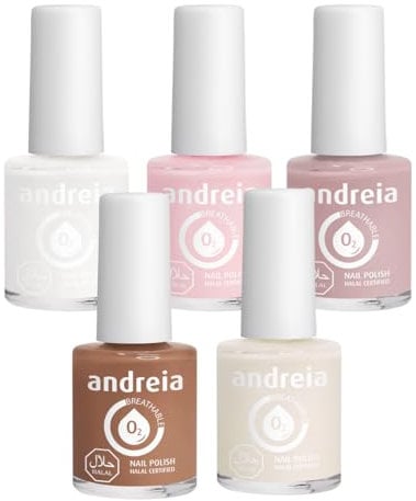 Andreia Halal Breathable Nail Polish Collection - Water Permeable Glossy Nail Polish Vegan & Cruelty-Free - 5 Nude Colours Set - 52.5ml