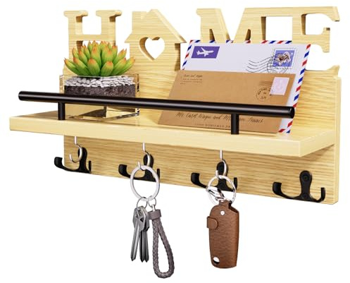 SWTYMIKI Schlüsselbrett - Schlüsselhalter für die Wand mit Heim dekoration, Wandregal Holz für Schlüsselbrett Organizer mit 7 Schlüsselhaken, Rustic Wandorganizer mit Ablage,Natur