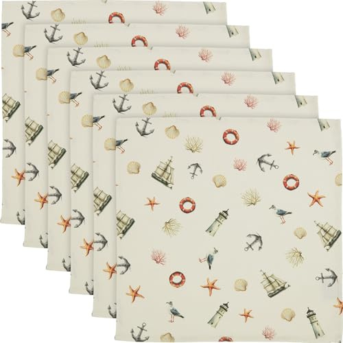 Erwin Müller Serviette 6er-Pack, Tischwäsche maritim, Leuchtturm, Segelboot und Muscheln bunt Größe 40x40 cm - Robustes Canvas-Gewebe, pflegeleicht und strapazierfähig