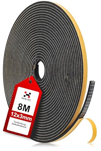 XEEINC 8M Dichtungsband Türdichtung Selbstklebend, 12mm(B) x 3mm(D) Haustür Türdichtung für Fenster Tür, Gegen Kalte Fensterdichtung Abdichtungsband, Anti Kollision/Schalldichter/Staubdicht - Schwarz