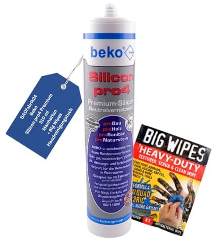 BADfabrik24 Beko Silicon pro4 Premium 310 ml Manhattan + Big Wipes – schimmelresistent, haftstark, UV-beständig – für Bad, Küche & Bau, Anschluss- & Dehnfugen (1 Kartusche)