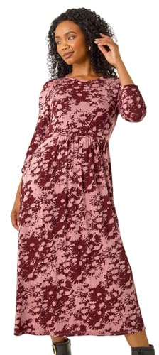 Roman Petite Floral Abstract Stretch Midi Dress for Women UK - Ladies Everyday Autumn Winter Round Neckline Comfy Soft Evening Vacation Work Party Night Out - Petite Wine - Size 14