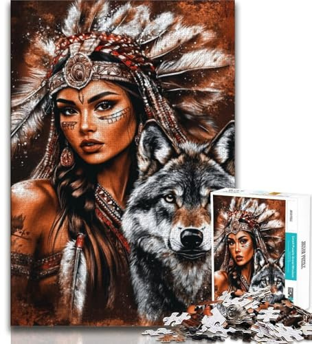 1000-teiliges Puzzle für Erwachsene und Jugendliche „Indianische Prinzessin und der Wolf“ Puzzle für Erwachsene Geburtstagsgeschenk Geschenke Wandkunst für Kinder ab 14 Jahren 26x38cm