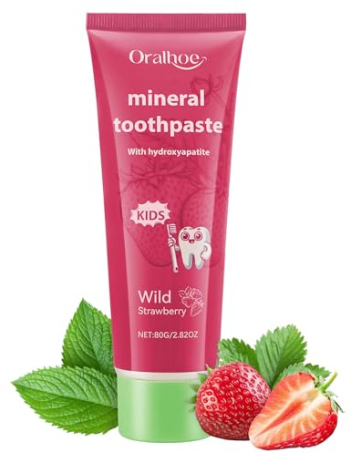 OFFCUP barntandkräm naturlig hydroxiapatit, 80 g fluoridfri tandkräm för barn från 2+, tandkräm för naturlig blekning tandhälsa, hjälper till med känsliga tänder, jordgubbar