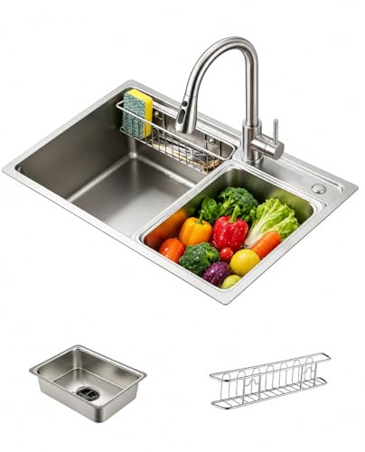 Baollansa Fregadero de Cocina de Acero Inoxidable 68x46 cm, 1 Cubeta con Sifón, Desbordamiento y Accesorios de Vaciado, Fregadero Moderno Multifuncional para Encimeras > 80 cm (Plateado)