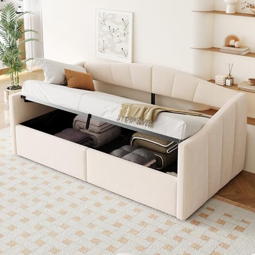 Gxffipw Schlafsofa Tagesbett 90x200 cm mit Hydraulischer Stauraum, Schlafcouch Bettgestell mit Lattenrost und Armlehnen, Sofabett mit Klassisch Gestreift, Samt, Beige, Ohne Matratze