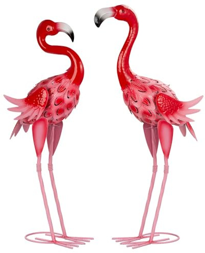 SIFOEL 2 Stück Flamingo-Gartenstatuen Metall-Skulpturen mit rosa Flamingos für die Außendekoration von Hinterhof, Terrasse, Rasen, Veranda und Garten (rosa)