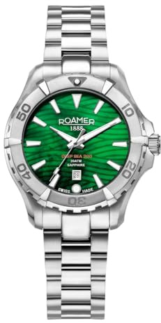 Roamer Deep Sea 200 Damen Armbanduhr, Edelstahl, 34mm, Edelstahlarmband, Silber, 20 bar, Zifferblatt: Grün, Datumsanzeige, 860844 41 75 20