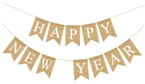 VICASKY Neujahrs Hängeflagge aus Leinen Kreative Party Dekoration mit Happy New Year Schriftzug Innen und Außenbereich Silvester Banner für Wand und Decke