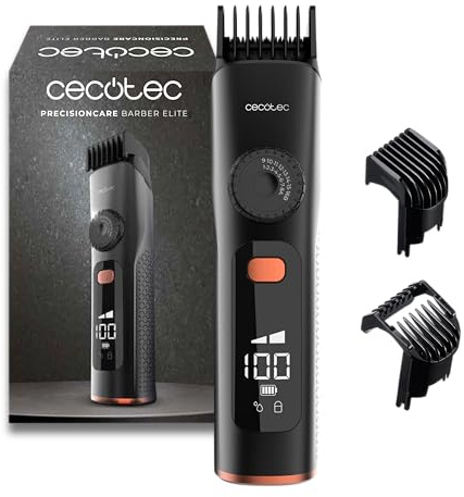Cecotec Haarschneider PrecisionCare Barber Elite. Edelstahl-Klingen, Einstellrad, 120 Min Akku, IPX6, Kabel & Akku, Display Mit Öl-Reminder, 2 Verstellkämme 1–16 mm, Schnellladung Für Saubere Schnitte
