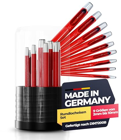 Paffrath® Rundlocheisen-Satz Rot (9-tlg.) - Hochwertiges Stanzwerkzeug für Pappe, Leder und mehr - Präzises Stanzen von 2-10mm in 1mm-Schritten - Ideal für Handwerker - Lochstanzer Set